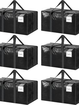 6 Pack Extra Heavy Duty Large Moving Bags with Strong Zipper & Comfortable Handles, Sturdy & Durable Clothes Storage Bags Totes Bins, Packing Moving Boxes for College Supplies, Black