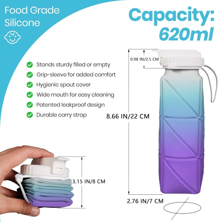Collapsible Water Bottles 580ml/20oz, Foldable Water Bottle with Magnetic Cap and Carabiner, BPA-Free Collapsible Water Bottles for Traveling, Silicone Water Bottle for Hiking (Black) - Image 3