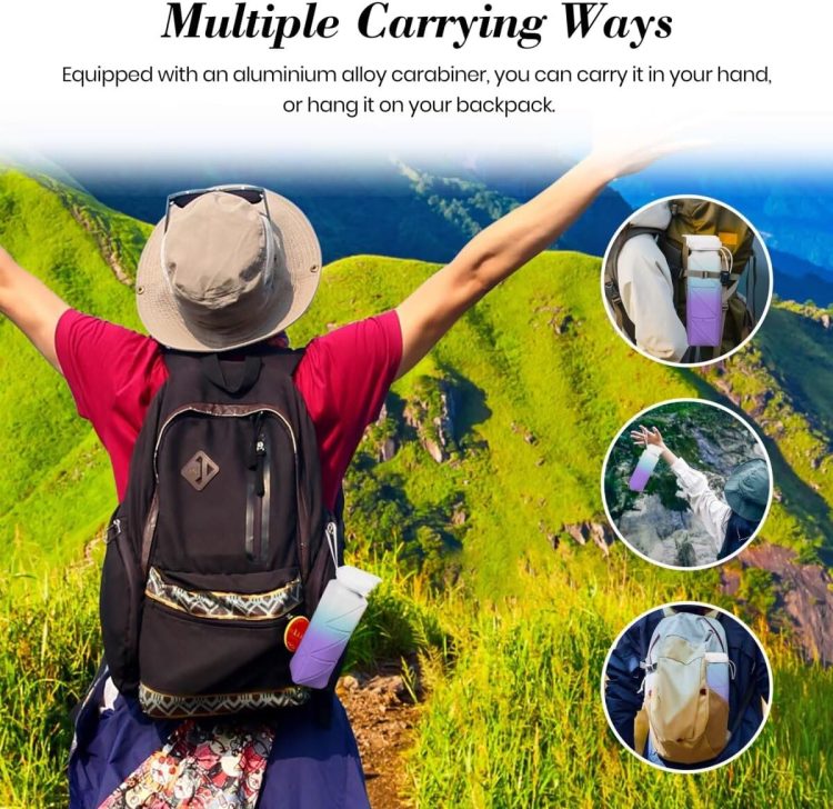 Collapsible Water Bottles 580ml/20oz, Foldable Water Bottle with Magnetic Cap and Carabiner, BPA-Free Collapsible Water Bottles for Traveling, Silicone Water Bottle for Hiking (Black) - Image 5